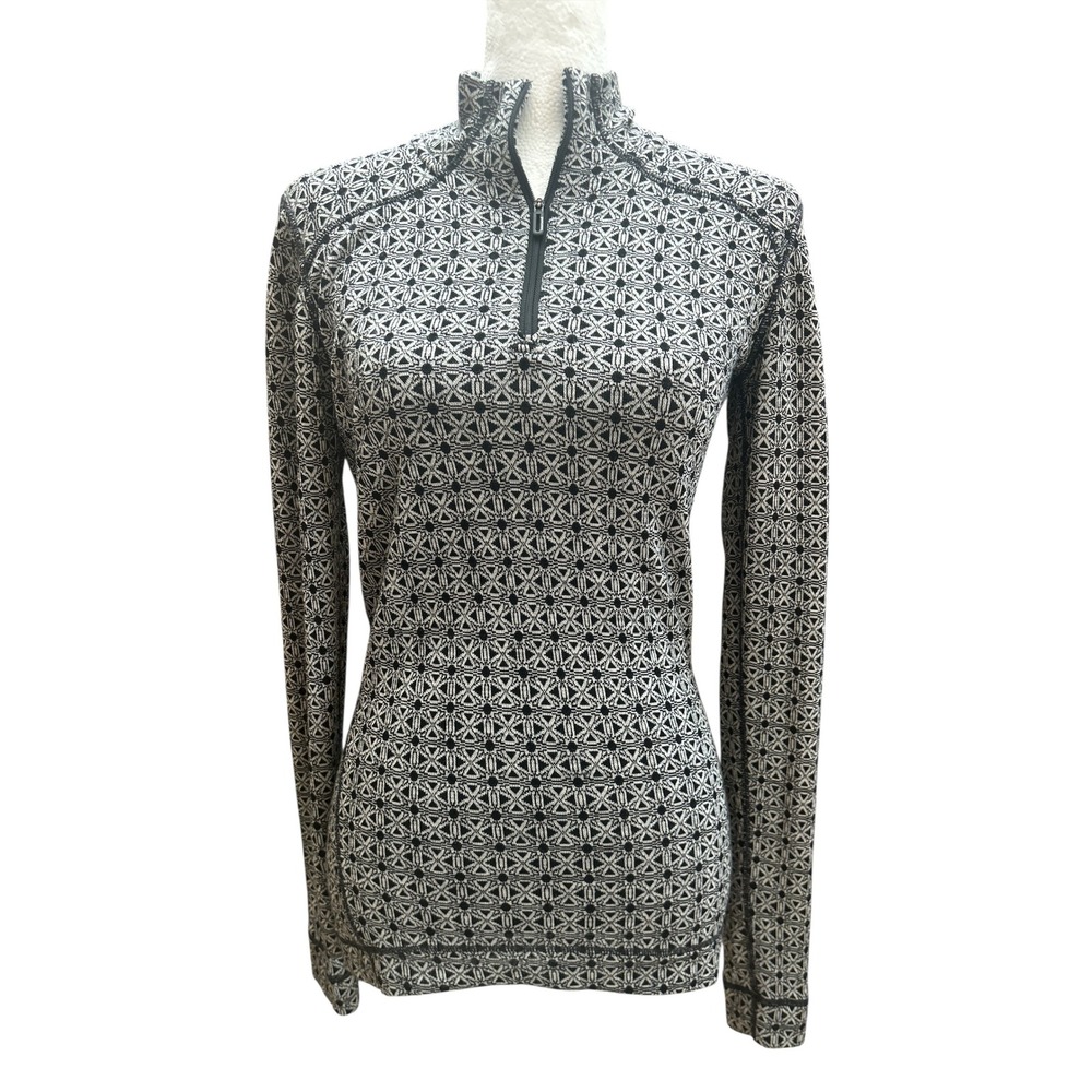 Smartwool Womens Merino Wool 1/4 Zip Base Layer Top Black White Geometric Small